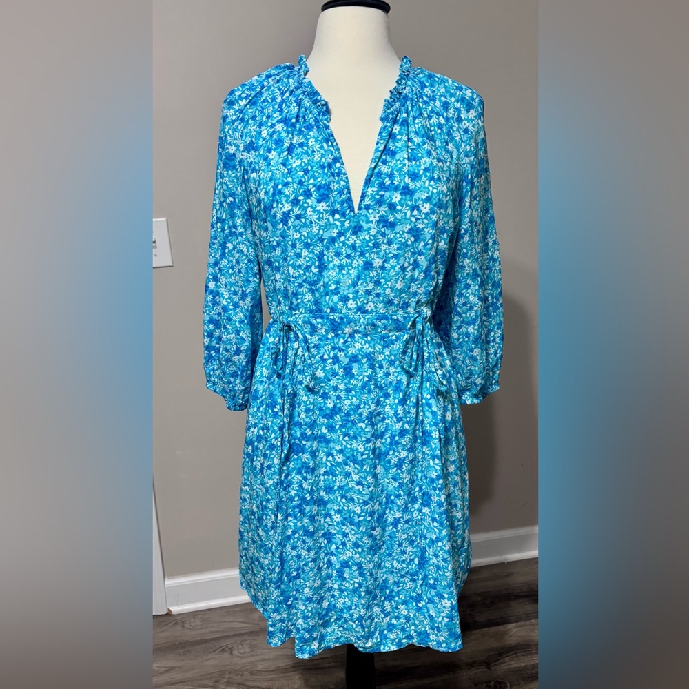 Draper James Turquoise Floral Tie-Waist Long Sleeve Dress